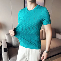 Threebooy  New Men Short Sleeve Breathable Leisure O-neck Slim Fit T-shirts Male Fashion Ice Silk Knitted Tops Size Shirt S-3XL