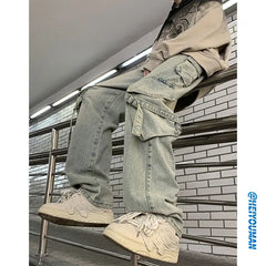 Threebooy  And Winter New Japanese Overalls Jeans Men And Women American Retro High Street Micro-la Washed Wide-leg Straight Pants