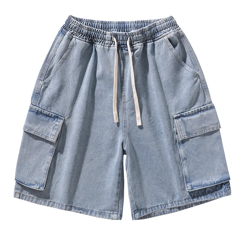 Threebooy Korean Summer Men's Wide Leg Denim Shorts New Fashion Loose Casual Elastic Waist Large Pocket Work Shorts Men's Brand Clothing