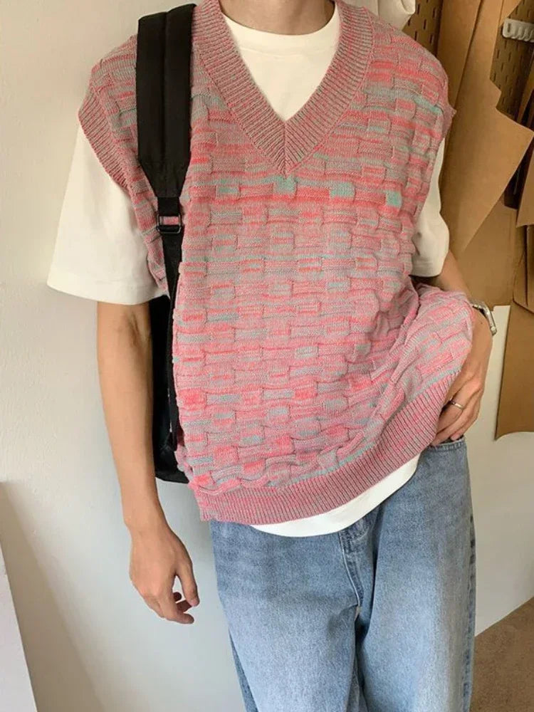 Threebooy Knit Sweater Male Sleeveless Vest Men's Clothing V Neck Pink Cute Waistcoat Baggy X 100 Pure Cashmere Cotton