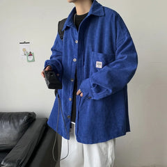 Threebooy Spring Autumn Men's Corduroy Long Sleeved Shirt Solid Streetwear Turn Collar Jacket Shirts For Men Blouses