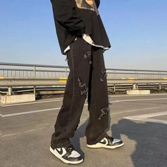 Threebooy High Street American-Style Patch Jeans Men'S Fashion Hip-Hop Trousers With Raw Hem Design Feel Zipper Trousers Men'S Youth