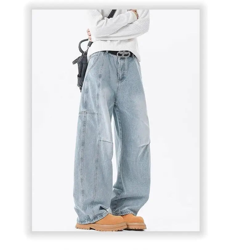 Threebooy Hip hop personality trend men and women straight leg washed jeans American couple loose retro curved knife casual pants y2k