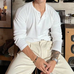 Threebooy  Vintage Trend Fashion Men T-Shirts Spring Autumn New Solid O-Neck Button Waffler Elastic Quick Dry Casual Loose Long Sleeve Tops