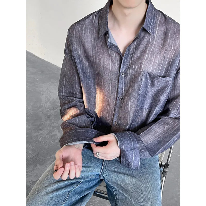 Threebooy Spring Summer Ice Silk Striped Shirts Men Korean Fashion Simple Long Sleeve Turn Down Collar Blouse Casual Loose Thin Tops