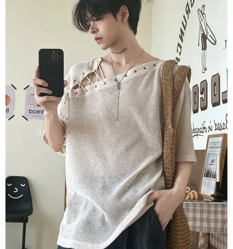 Threebooy Street Punk Shirt Off-shoulder Hollow T-shirt American 2025 New High-end Style Fashionable Casual Loose Short Sleeves