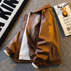 Threebooy Men's American Retro Cleanfit Brown Leather Jacket Men's Korean Style High-end Men's Trendy Pu Leather Jacket Aesthetic Chic