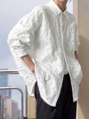 Threebooy  2XL White New Crumpled Jacquard Shirt Loose Fashion Solid Color Casual Turn-down Collar Top New All-match Bat Wing Sleeve P7W