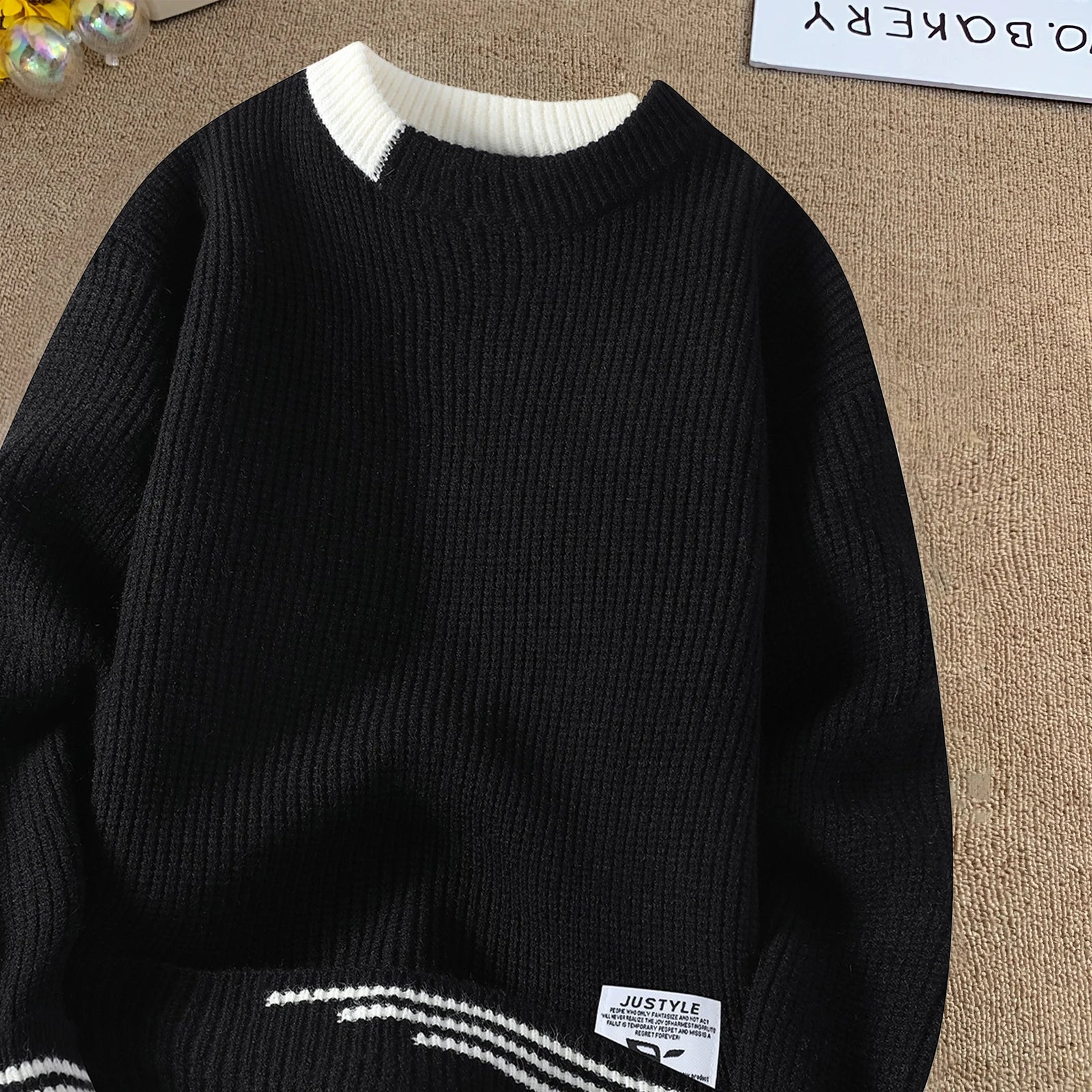 Threebooy Men Retro Color Collision Twist Sweater Loose Fit Round Neck Knit Jumper Pullover Autumn Winter Casual 4 Colors Knitted Sweaters