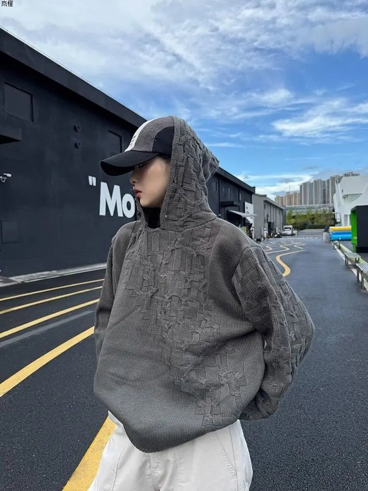 Threebooy Autumn and winter American fashion men and women knitted hooded couple loose retro personality Harajuku casual sweater y2k