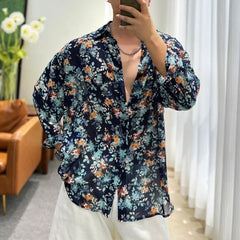 Threebooy Fashion Floral Shirt Summer New Thin See Through Shirts Outerwear Luxury Mens Clothing LGBT Casual Blouse Trendy Streetwear