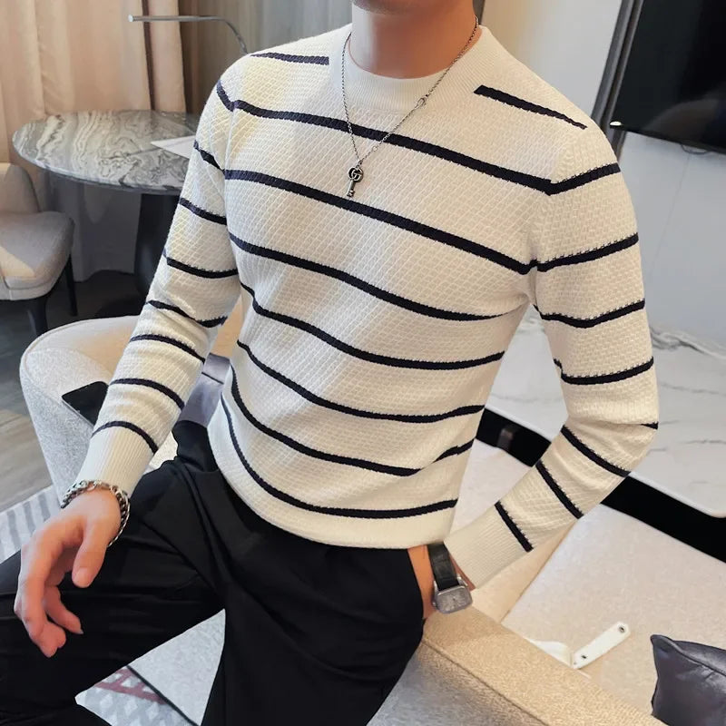 Threebooy Men High Quality Winter Basic Round Neck Sweaters Casual Soft Warm Long Sleeve Sweater Korean Knitted Stripe Pullover 4XL-M