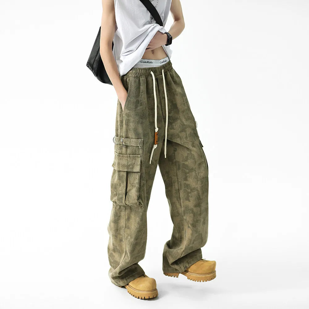 Threebooy Men Military Camo Workwear Cargo Pants Elastic Waistband Drawstring Tactical Joggers Loose Straight Leg Big Side Pockets Outdoor