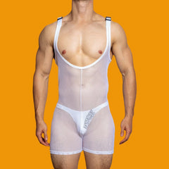 Threebooy Mens sexy tight-fitting solid color mesh see-through jumpsuit shaping breathable sexy suspenders home underwear for men