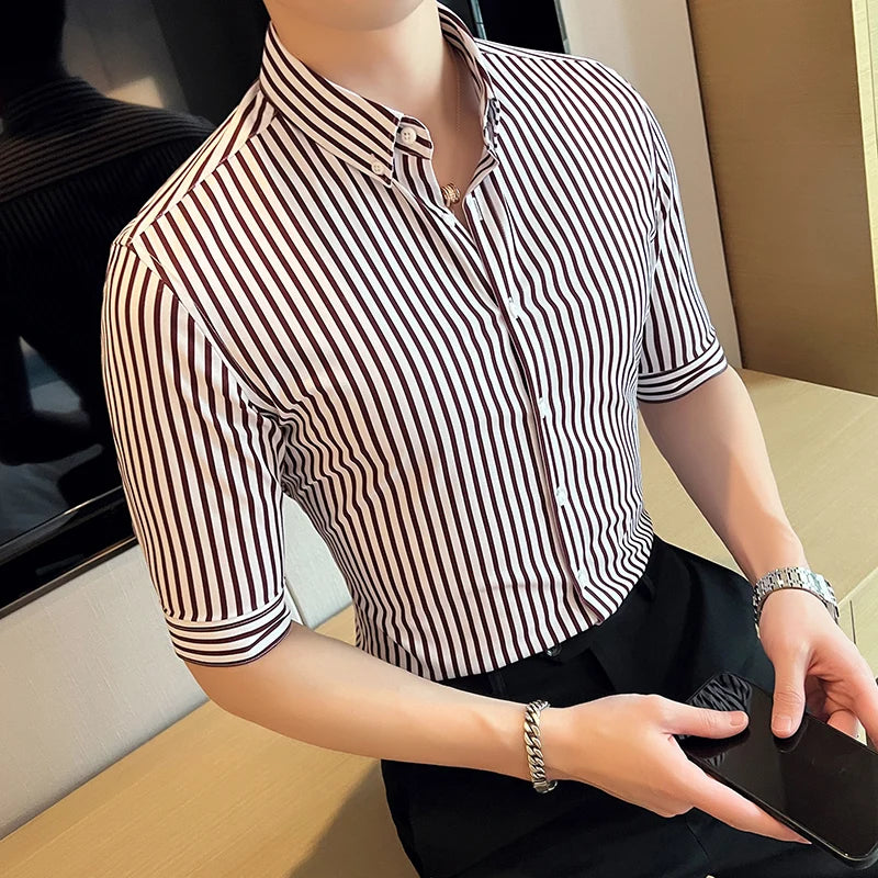 Threebooy Men's Shirt Fashion Casual Stripe Shirts Short Sleeve Shirts Slim Fit Spring Autumn Casual Quality Men Striped Shirt S-4XL