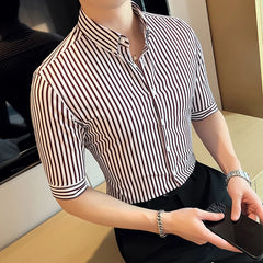 Threebooy Men's Shirt Fashion Casual Stripe Shirts Short Sleeve Shirts Slim Fit Spring Autumn Casual Quality Men Striped Shirt S-4XL