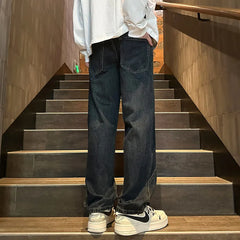 Threebooy Straight Leg Jeans Men Washed Solid Trousers Panel Design Denim Pants Autumn Fall Male Wear New 2025 High-quality denim pants