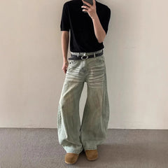 Threebooy  Summer New Men's Solid Color Korean Jeans Y2k Harajuku Retro Casual Fashion Trend Street Hip-hop Simple Loose Men's Bottoms