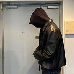 Threebooy Retro Distressed Short Jacket Double Layer Leather Casual Turn-Down Collar Coat