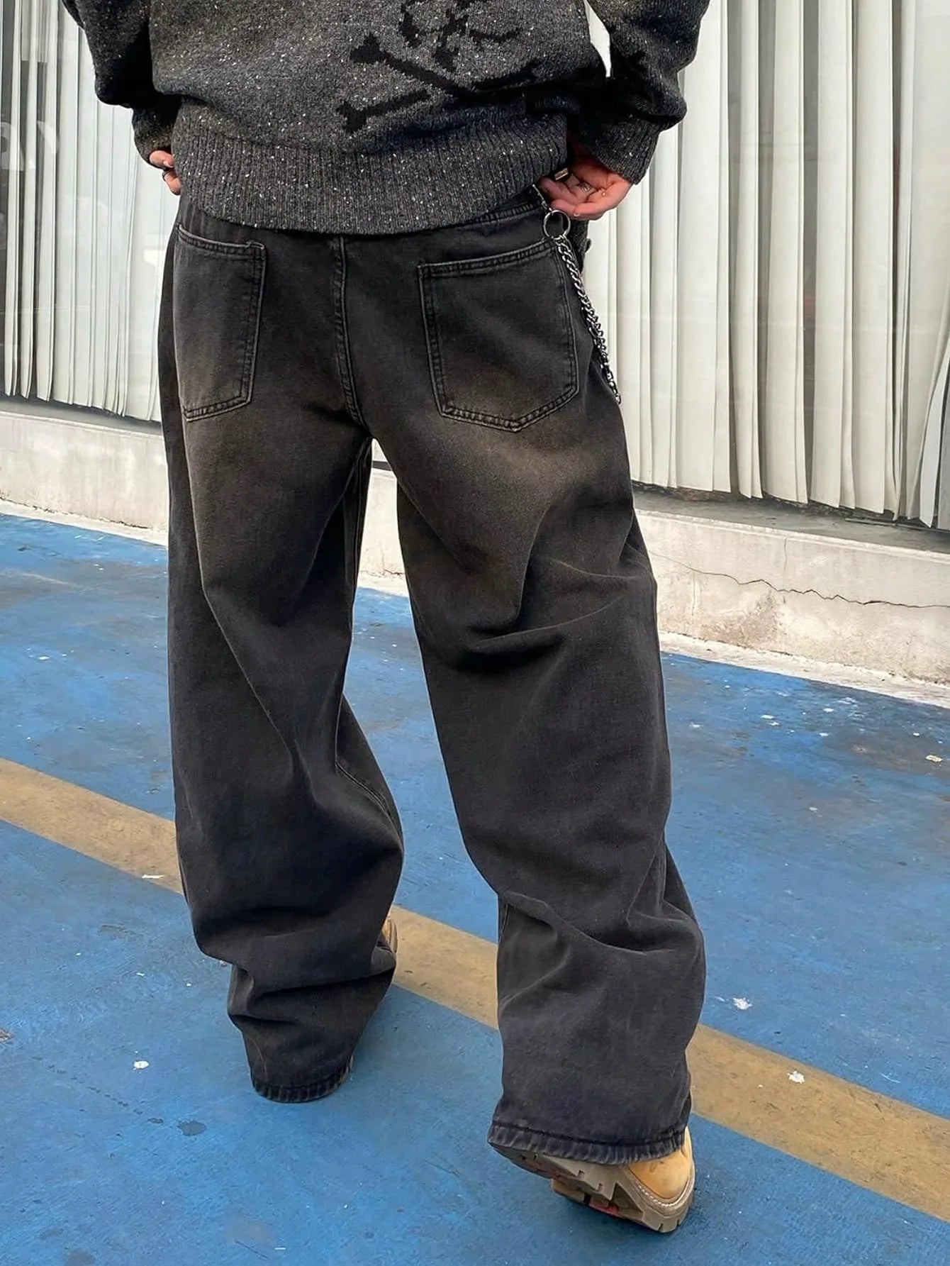 Threebooy  1Pc Men's Wide Pants Brushed Jeans Wide Jeans Y2K New Rocks Jeans Buggy Black Hip-Hop Pants