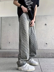 Threebooy  White Jacquard Full-Print Flared Jeans for Men, European and American High Street Vibe, Straight Loose Narrow-Fit Casual Wide-Leg Pants