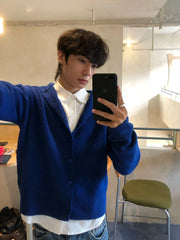 Threebooy  Autumn Winter High Ne Knitted Sweater Men's Casual Loose Fit Button up Cardigan Soft Cozy Gem Blue Lazy Aosphere