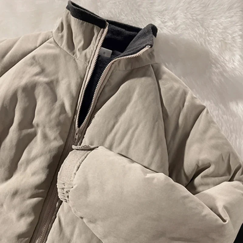 Threebooy Japan Standing Collar Padded Jacket Vintage Cityboy Men's Plush Parkas American Retro Hong Kong Style Winter Jacket Cargo Coat