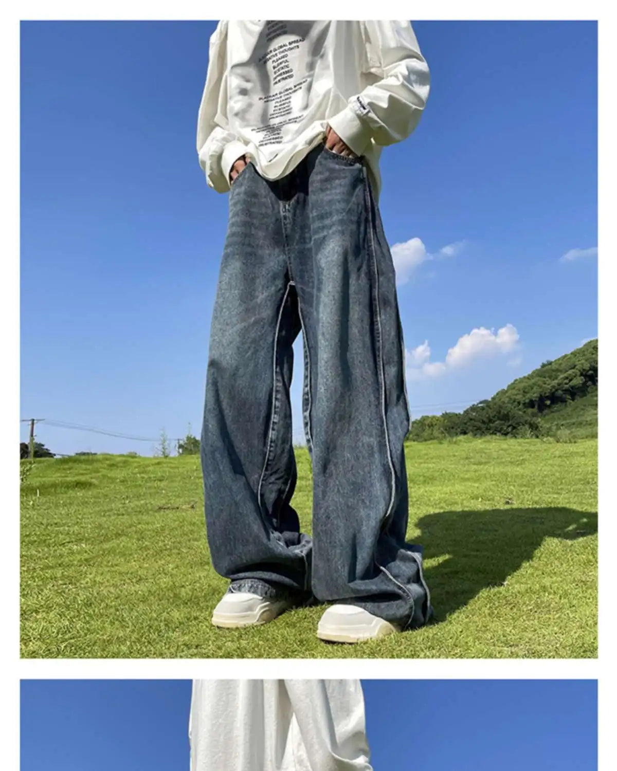 Threebooy American High Street Jeans Men's Striped Patchwork Denim Pants Summer Loose Straight High-end Retro Versatile Wide-leg Trousers