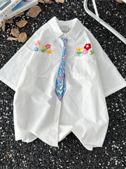 Threebooy Crayon Graffiti Tie Short Sleeve Shirt College Style Korean Style Fashion Floral Embroidered Shirt Design Niche Couple Blazer