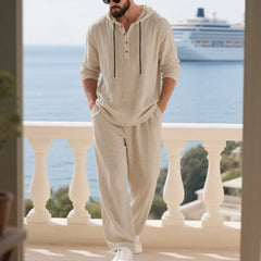 Threebooy  Men's Linen Hooded Sets 2 Piece Outfit Summer Casual Long Sleeve Hoodie and Wide Leg Pants Set for Men