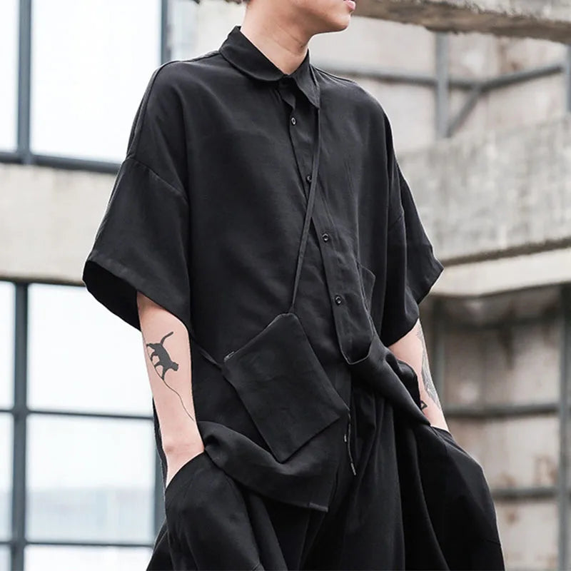 Threebooy Black Oversized Short Sleeve Shirt Men's Korean Style Drop Shoulder Shirt Harajuku Loose Single Breasted Shirt