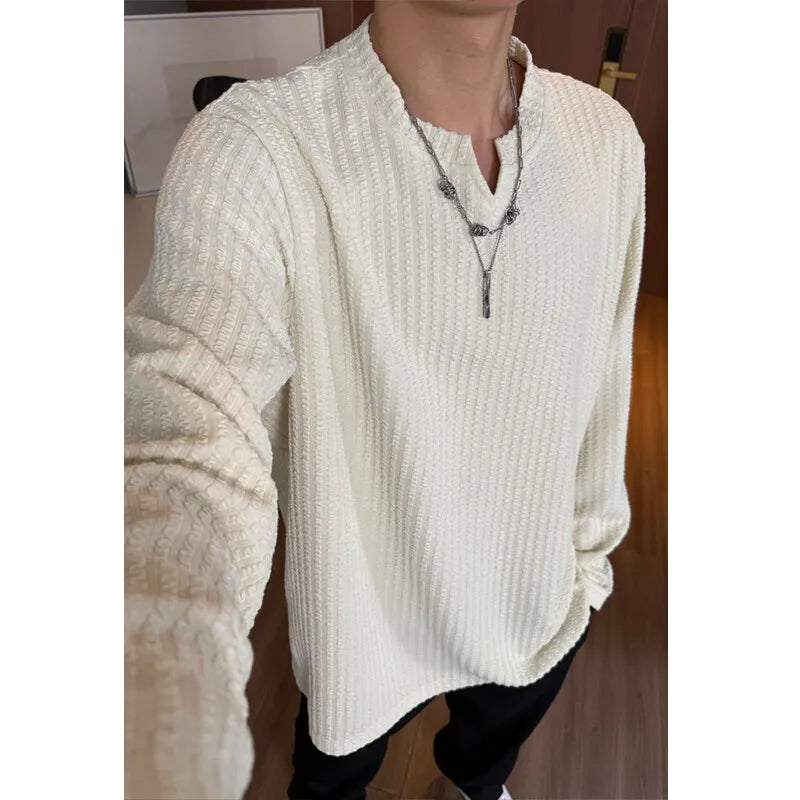 Threebooy Autumn Long Sleeved T-shirt Men Solid Color Casual V-neck T Shirt Men Streetwear Korean Loose Pullover Stripe T Shirt Mens Top