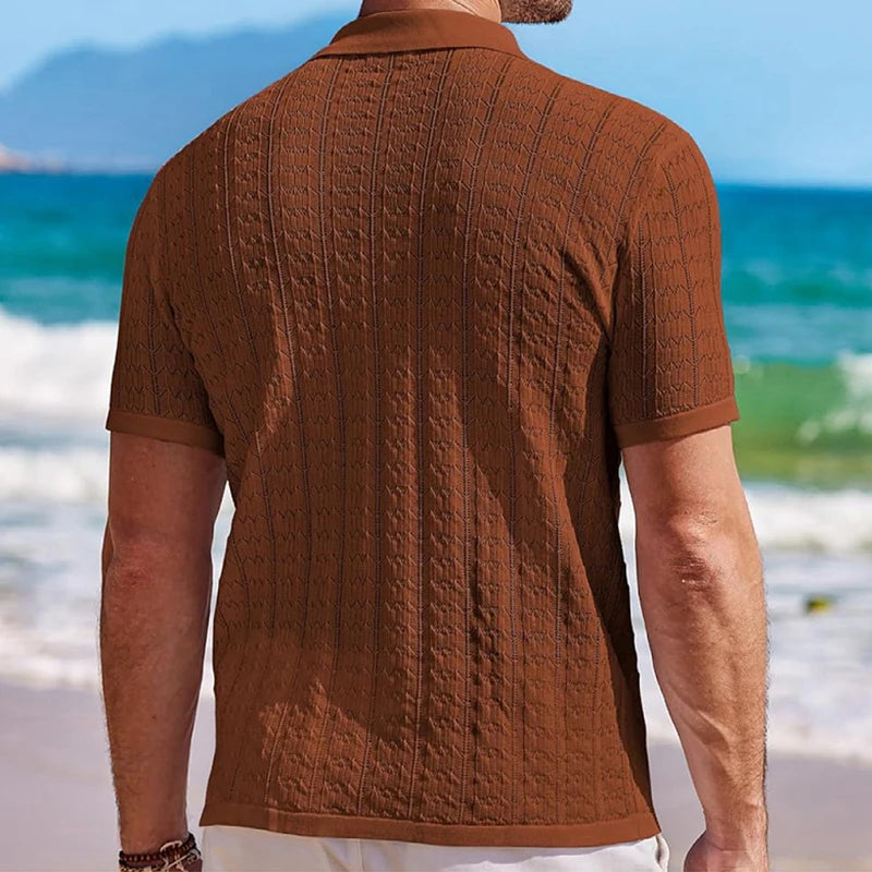Threebooy Summer New Trend Men Fashion Polo Shirt Luxury Hollow Out Knit T-shirt American Style Textured Short Sleeve Casual Cardigan Tops