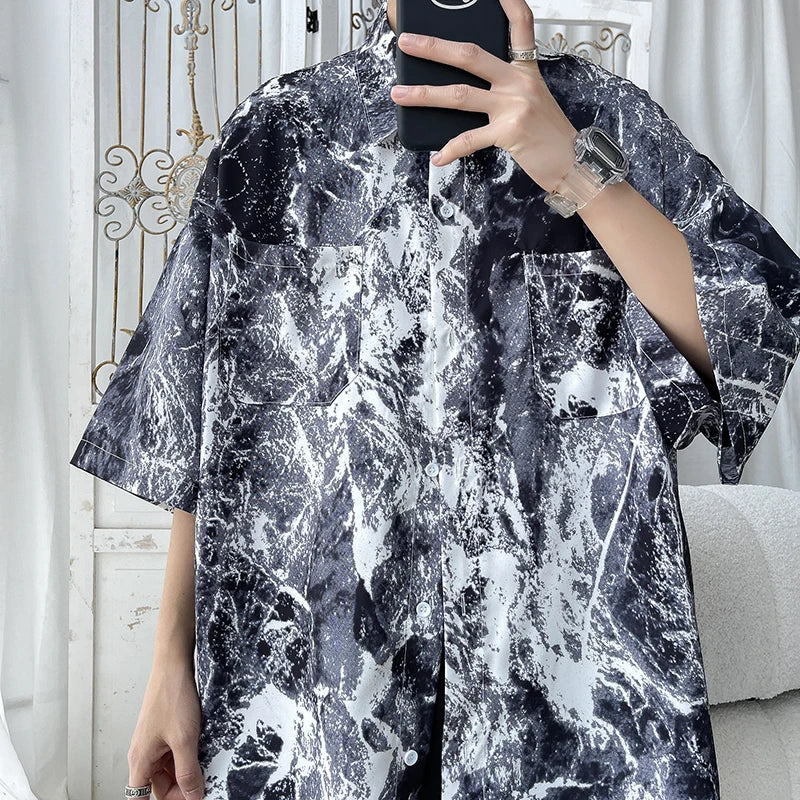 Threebooy Men Hip Hop Harajuku Shirt Painting Graffiti Color Streetwear Loose Short Sleeve Trend Fashion Beach Shirts Casual Button Tops