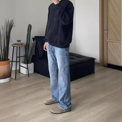 Threebooy  American Style Vintage Light Blue Wash Distressed Jeans Men's Clean Fit Mid Waist Hip Hop Slim Fit Denim Pants