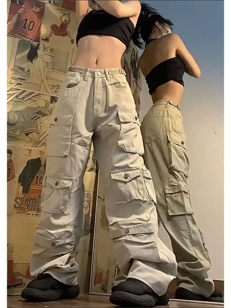 Threebooy Gothic Harajuku American Camouflage Drawstring Casual Trousers Leaf Pattern High Street Hip Hop Y2k Straight Leg Wide Leg Pants