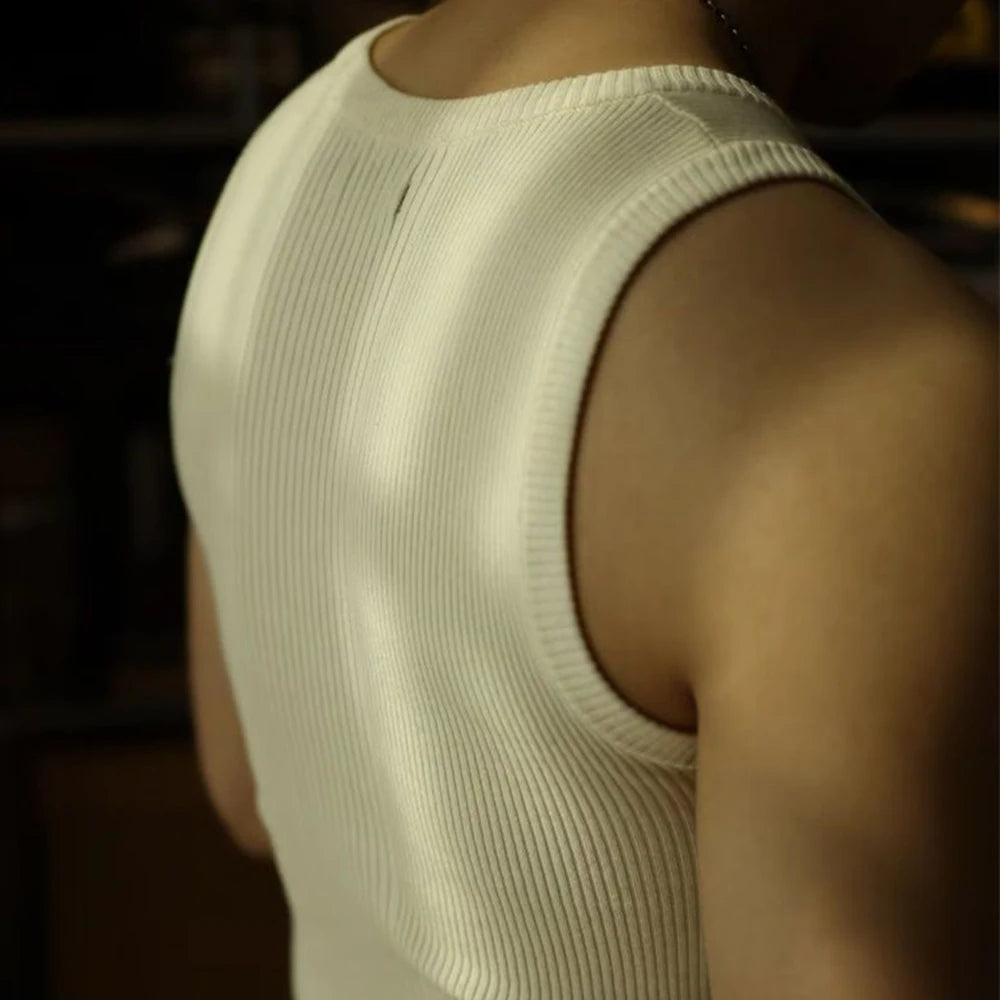 Threebooy  Men Streetwear Casual Solid Color Knitted Vest Sports Gym Bottoming Shirt Autumn Essential Ribbed Tank Top Slim Sleeveless Tees
