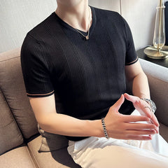 Threebooy New Men Short Sleeve Breathable Leisure O-neck Slim Fit T-shirts Male Fashion Ice Silk Knitted Tops Size Shirt S-3XL