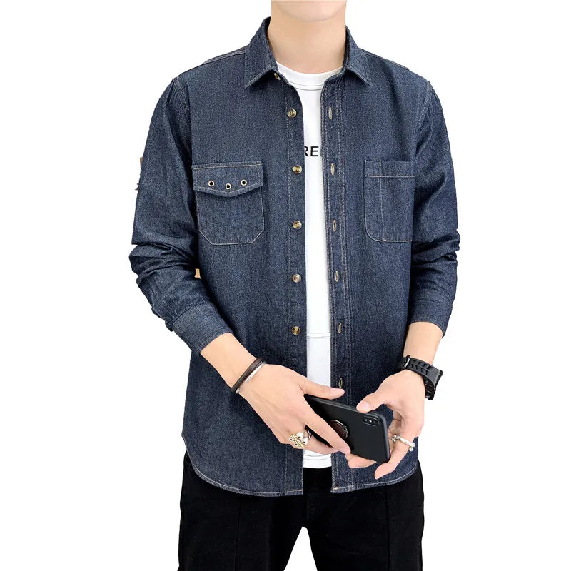 Threebooy Denim Shirt for Men Jeans Cotton Long Sleeve Blue Blazer Button Up Y2K Casual Spring Summer Cardigan Loose Fashion  Black Coat