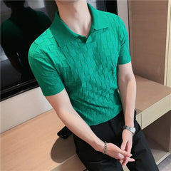 Threebooy Men High Quality Knitting POLO Shirts/Male Slim Fit Leisure V-Neck Short Sleeves Polo Shirts Men's elastic POLO Shirts 4XL