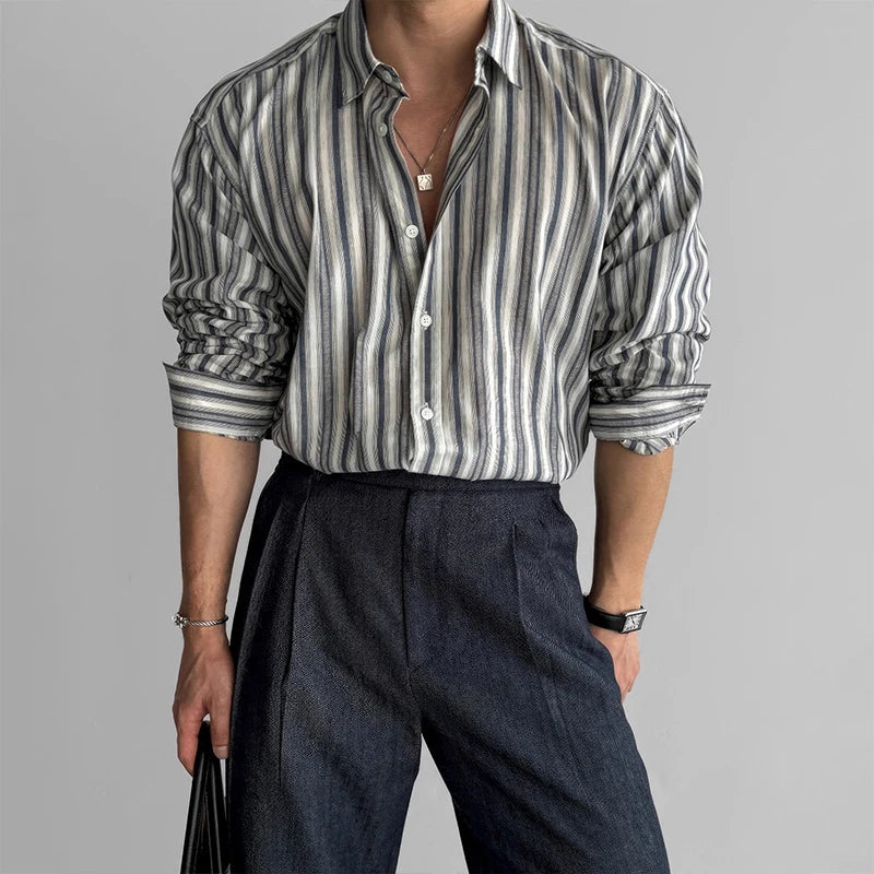 Threebooy  New Naples Business Men Shirts Light Luxury Textured Lapel Striped Long Sleeve Cardigan Leisure Premium Commuter Blouse M-2XL