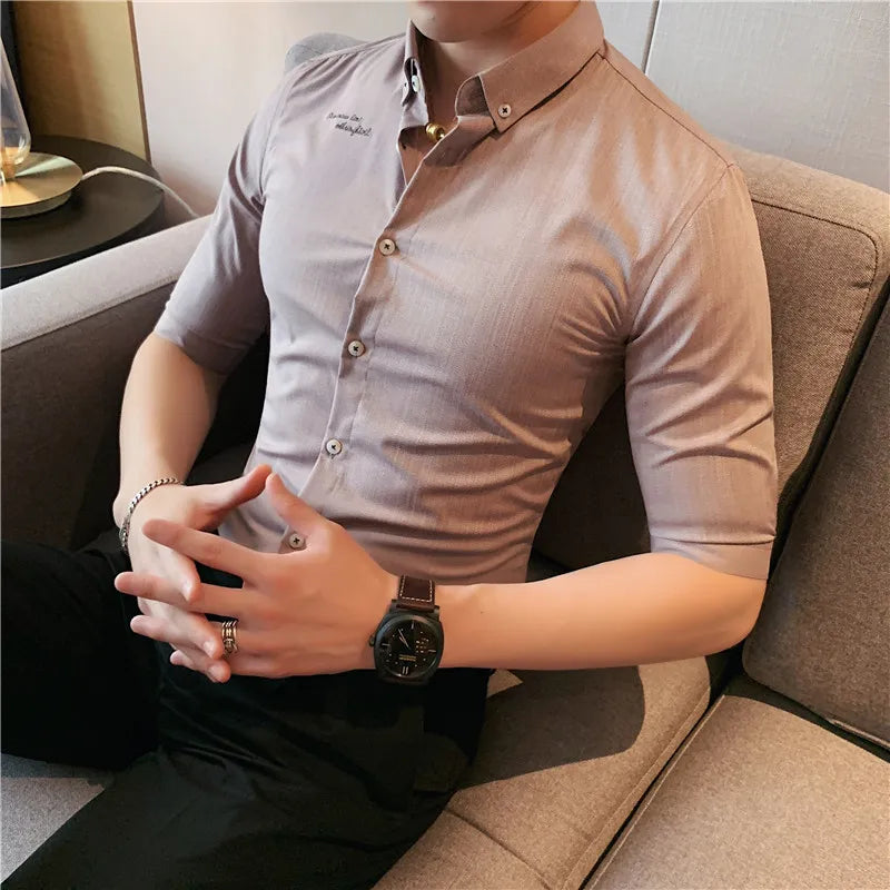 Threebooy Men Embroidery Shirt Striped Casual Short Sleeve Cotton Business Oxford Man Button Up Shirt Solid with Front Pocket Leisure