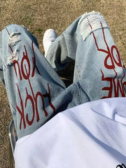 Threebooy  Y2k Streetwear Printed Ripped Hole Jeans Men Wide Leg Denim Baggy Pants Vintage Casual Jeans Straight Trousers