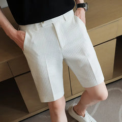 Threebooy Men's Waffle Fabric Casual Shorts Summer Suits Shorts Men Solid Color Business Dress Social Casual Slim Fit Wedding Streetwear