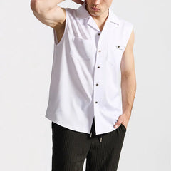 Threebooy  New Summer Men's Sleeveless Shirt Solid Color Pocket Single Breasted Nightclub Shirts Male Streetwear