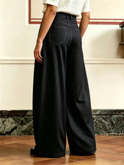 Threebooy  Men's Vintage Pinstripe Baggy Wide Leg Pants 97% Polyester 3% Elastane Pleated High Waist Business Casual Black Navy Trousers