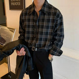 Threebooy Korean Plaid Shirt Men Oversized Fashion Retro Casual Shirt Men Streetwear Loose Long Sleeved Shirt Mens Black Vintage Shirts