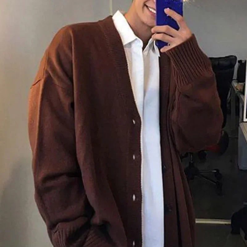 Threebooy V-neck Long Winter Male Knitwear Coat Men Sweater Cardigan Color Solid Buttons Placket Knitted Autumn Thickened Clothing Sleeves