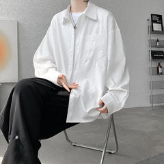 Threebooy Casual Shirt for Men Ice Silk Bamboo Leaf Long Sleeve Shirt Harajuku Top Quality Loose Drape Black White Japanese Streetwear