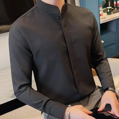 Threebooy  Long-sleeved Shirt for Men Fashionable Casual Simple Solid Color Versatile Slim-fit Stand-up Collar Concealed Button-up Shirt